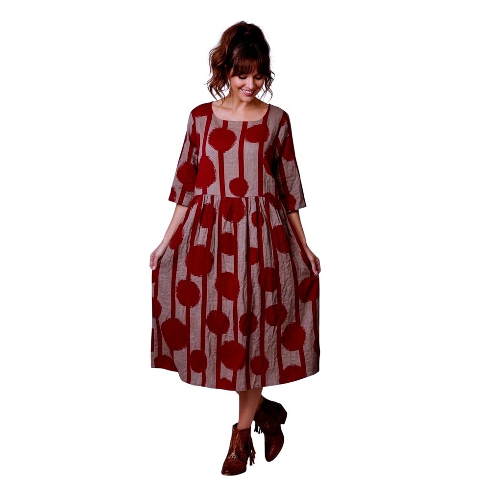 Helen's Heart  L Beige Red Circle Stripe Midi Dress Boho Lagen‎ Look Casual